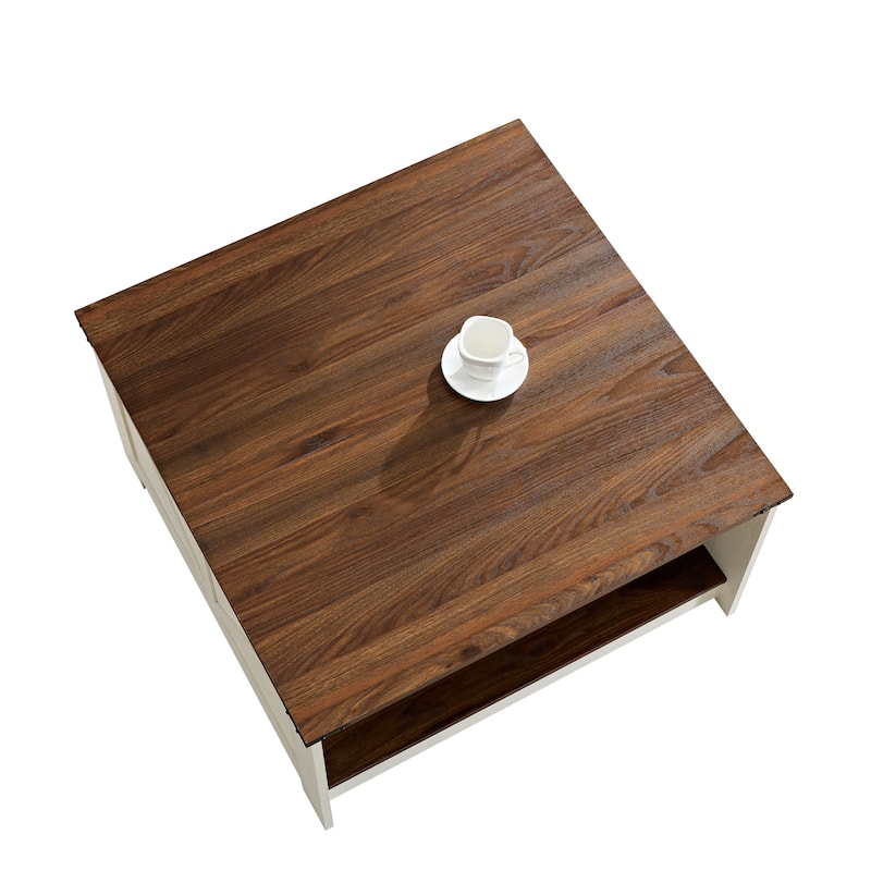 Farmhouse Coffee Table 2-Tier Square Coffee Table with Semi-Open Storage Compartments and Waterproof Tabletop, for Living Room