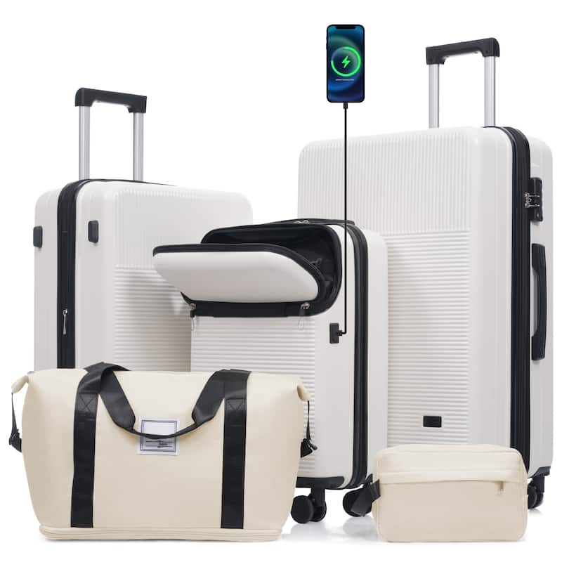 Luggage Sets 5 Piece with Half-opening, Hardside Carry On Suitcase Set with Double Spinner Wheel, with USB Port,TSA Locks - White