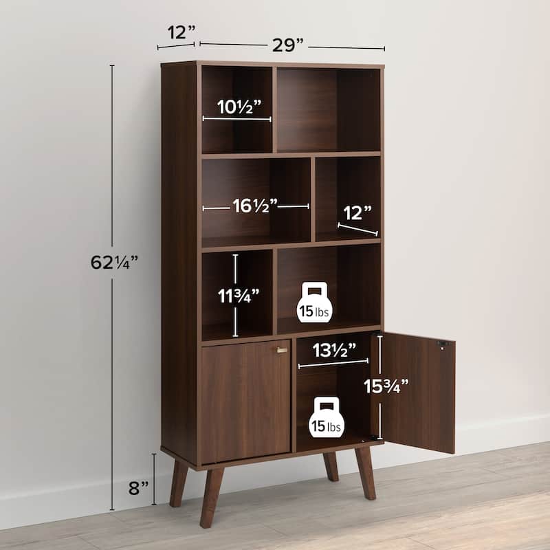 Prepac Milo Mid-Century Modern Bookcase with Six Shelves and Two Doors - 29 in. W x 62.25 in. H x 12 in. D