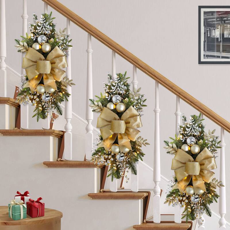 Puleo International 28" Pre-Lit Adorned Artificial Banister Swag with 70 Warm White Lights - Green