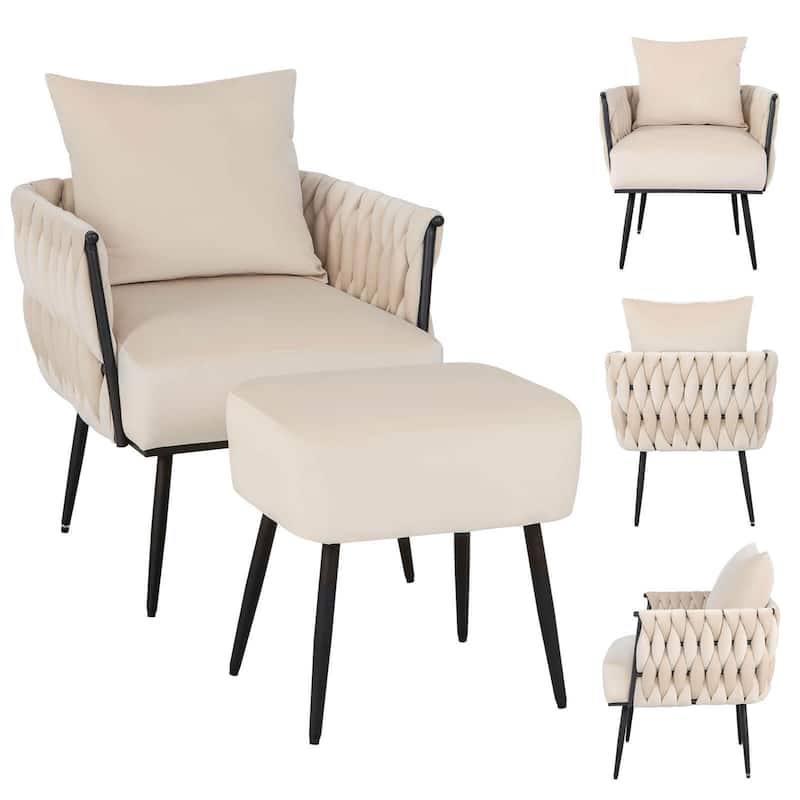 Gymax Modern Dutch Velvet Accent Chair & Ottoman Set Single Leisure - Beige