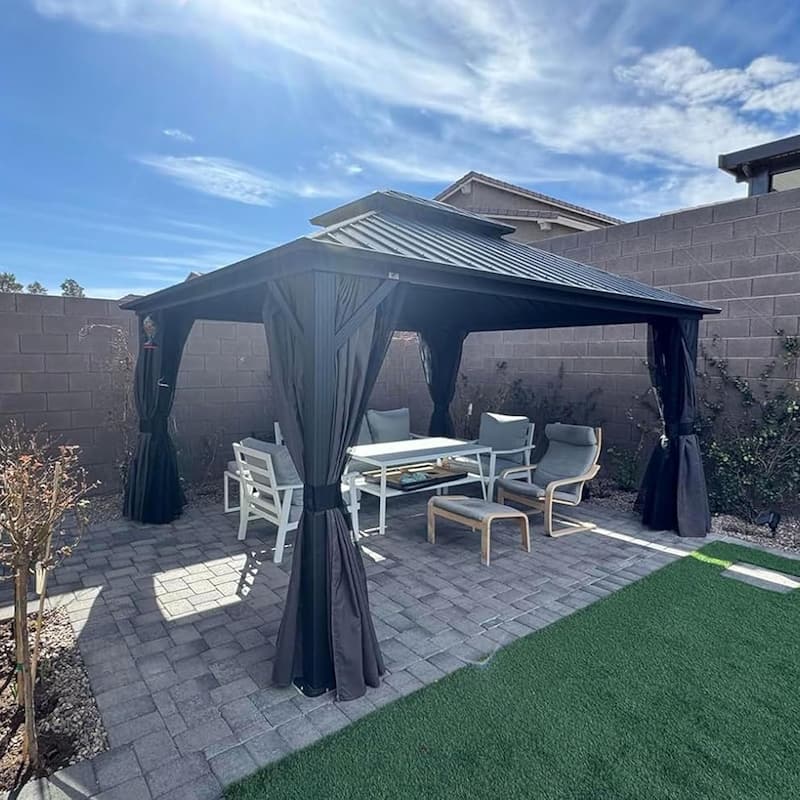 PURPLE LEAF Gazebo Outdoor Gazebo with Dual-Layer Galvanized Steel Double Roof Aluminum Gazebo with Netting and Curtains Grey