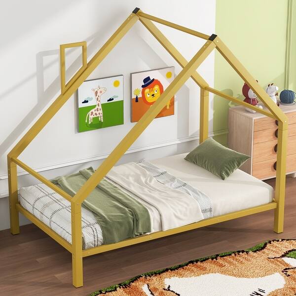 slide 2 of 10, Gold Twin Size Metal House Platform Bed with Roof and Chimney Twin - Gold