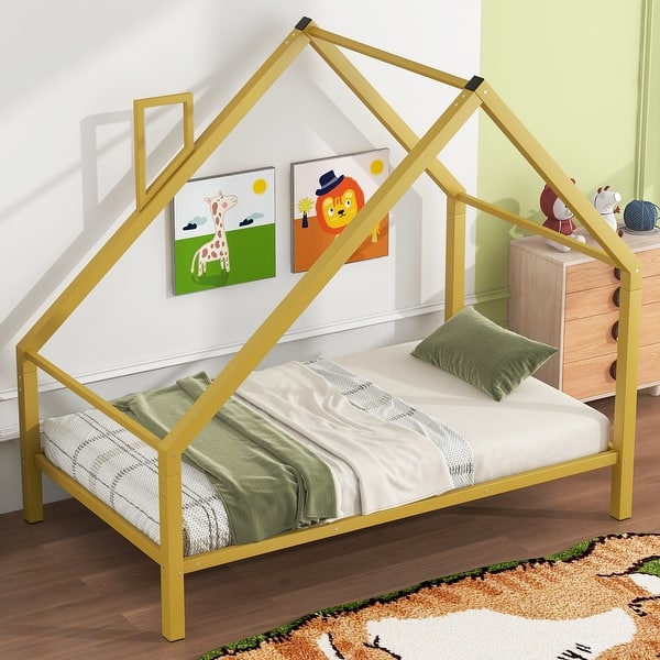 slide 2 of 17, Twin Size Metal House Platform Bed with Roof and Chimney Gold - Twin