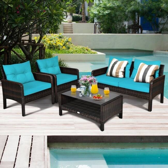 4 pcs Patio Furniture Set with Glass Top Coffee Table - 42.5" x 24.4" x 31.5" (L x W x H)