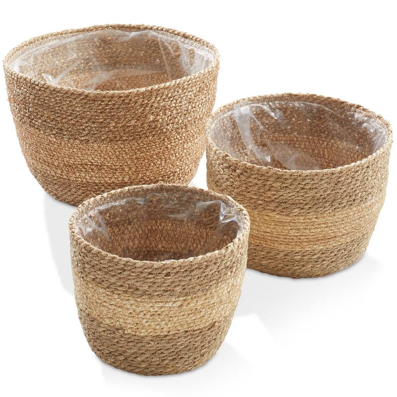 Set of 3 Seagrass Planter Baskets Natural Flower Pot Covers w Liners - Two-Tone