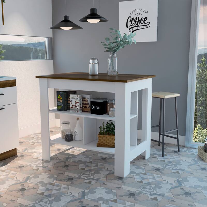 FM Furniture Brooklyn Kitchen Island with Open Storage - White/Walnut