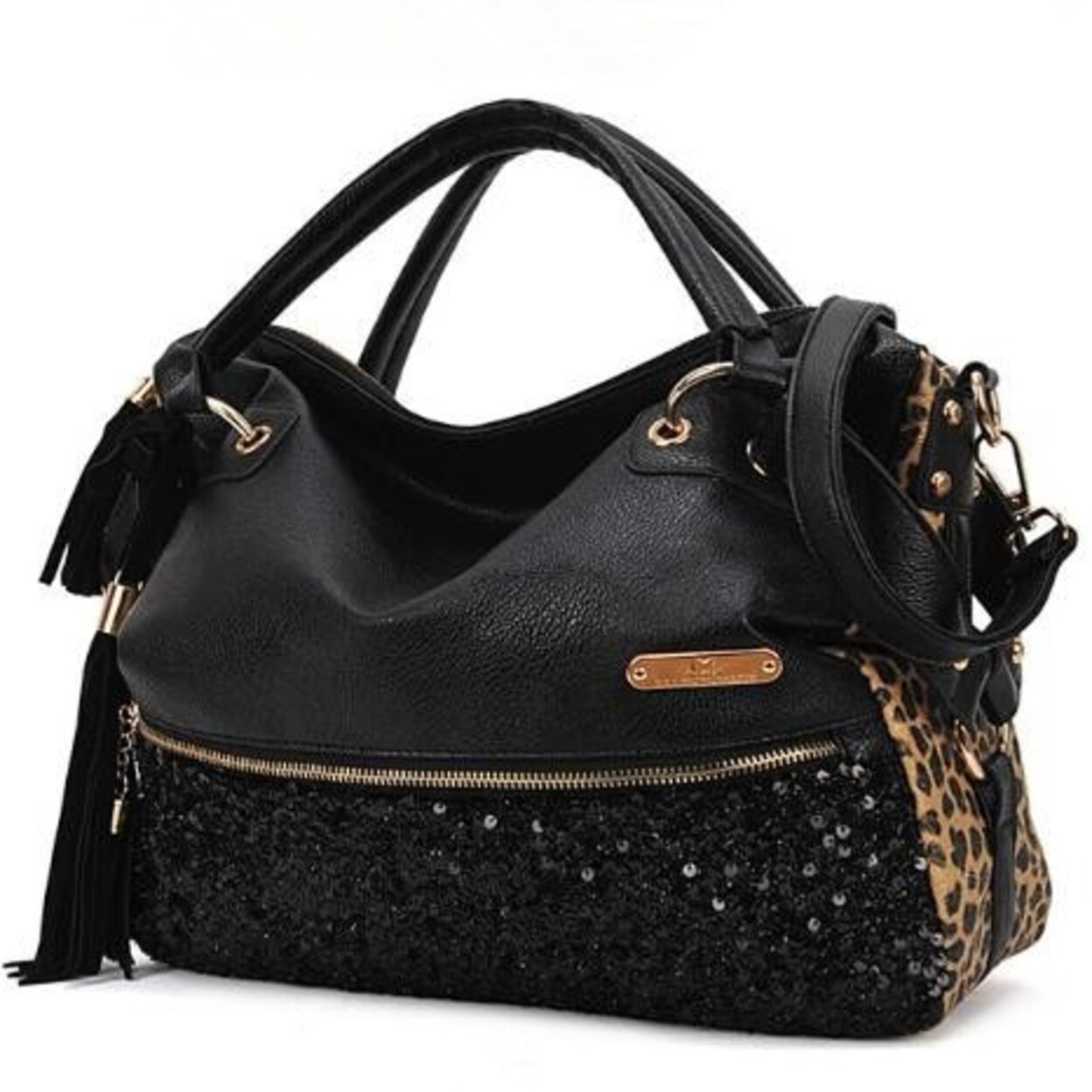 Leather Sequins Leopard Satchel Tote Purse Shoulder Bag Handbag
