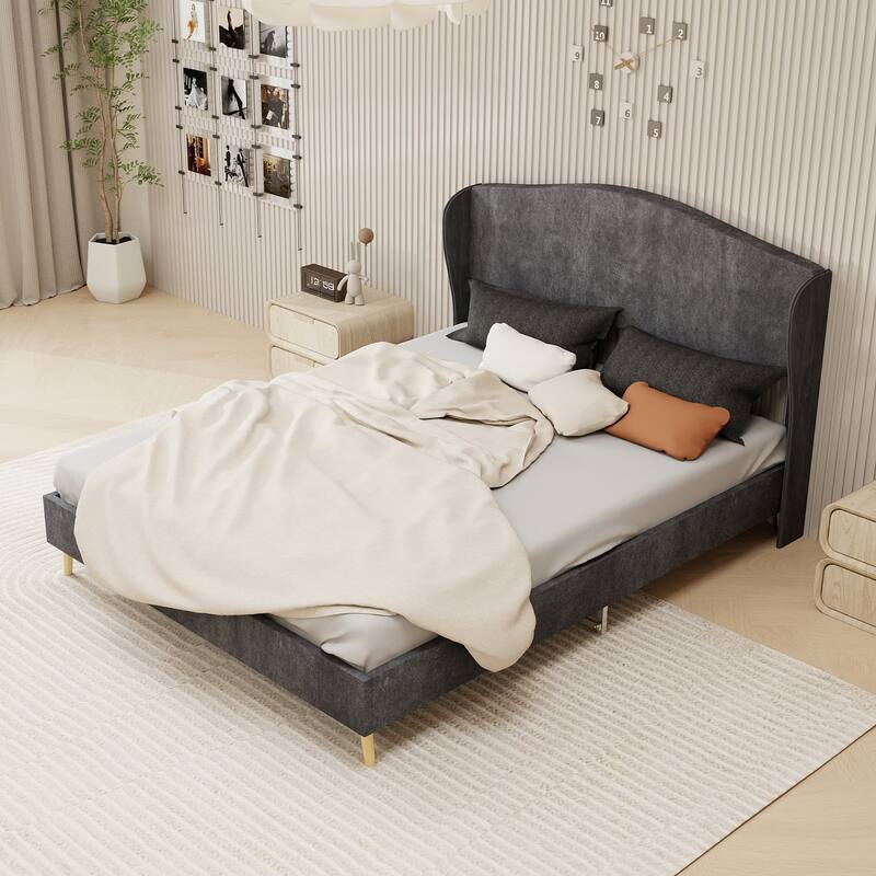 Upholstered Bed Frame Fabric Platform Bed with Wingback Headboard/Wood Slats Support/No Box Spring Needed/Noise-Free Structure