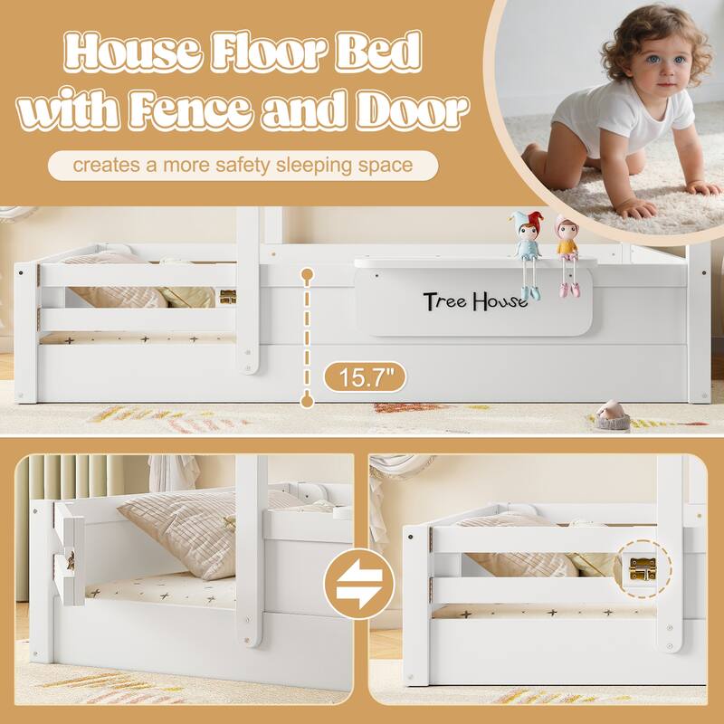 Roomfitters House Floor Bed with Guardrails and Roof, Solid Wood Frame with Tray and Signboard