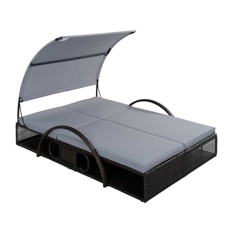 Outdoor Steel Frame Sun Lounger with Adjustable Backrest,Patio Double Sunbed