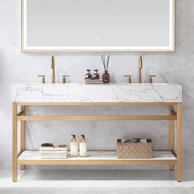 Ecija Bath Vanity, Metal Support with Composite Stone Top and Mirror