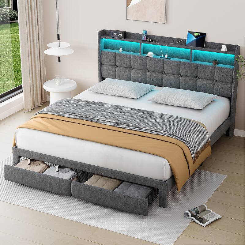 King Size Upholstered Platform Bed with LED Lights, Charging Station & Storage Headboard, No Box Spring Needed