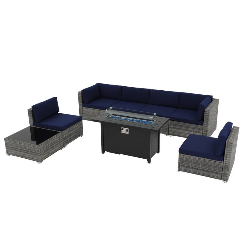 Outdoor Wicker Sectional Sofa 8-Piece Set with Fire Pit Table