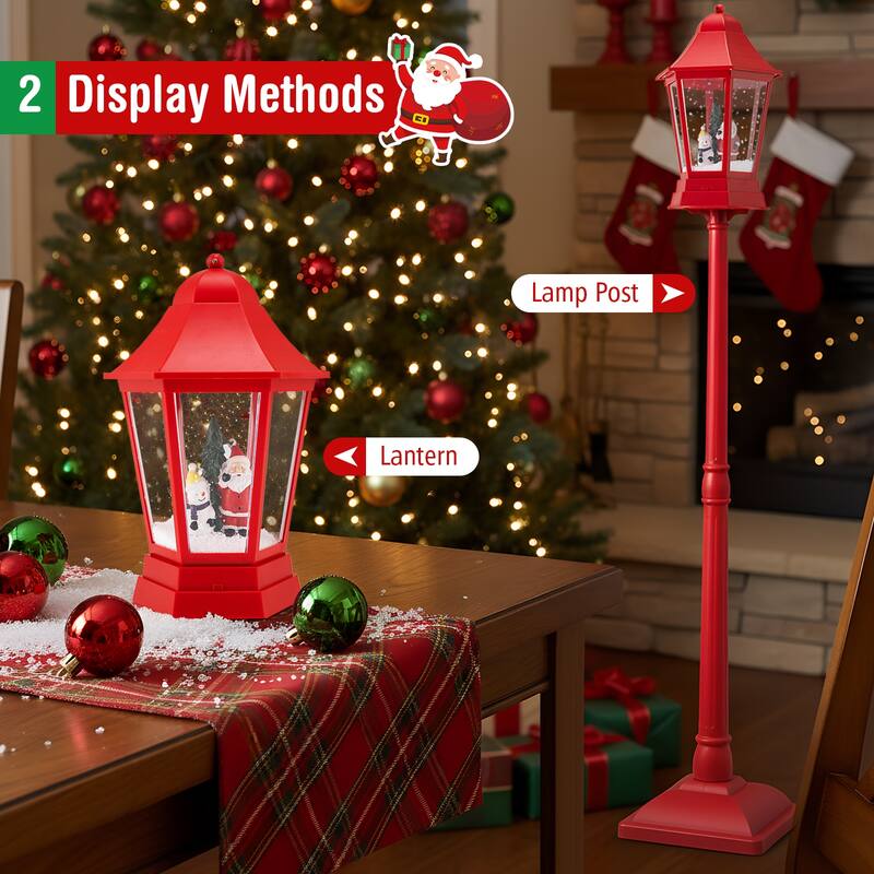 5.3 Feet Red Musical Christmas Street Lamp with LED Lights, Snow Scene, Santa, and 8 Tunes - 12.5" x 12.5" x 64"