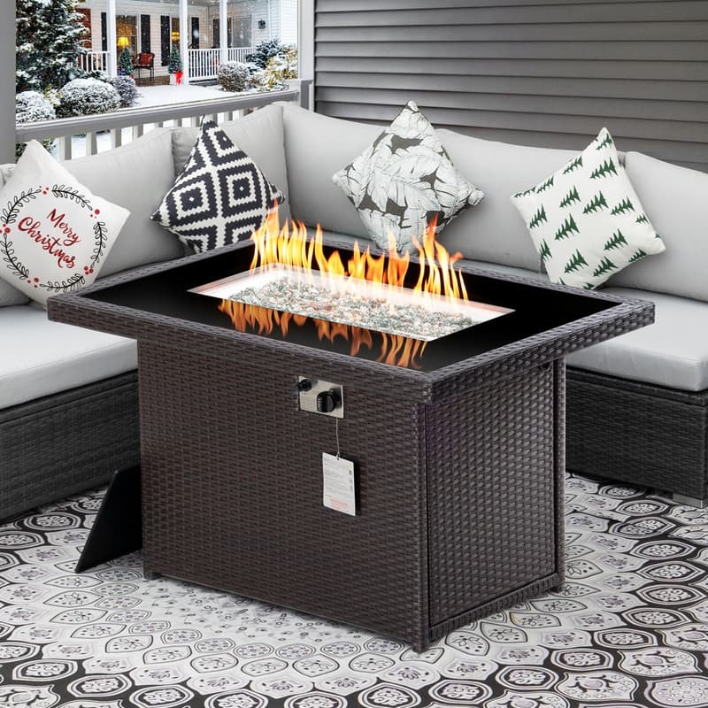 FINCATI 43" Outdoor Propane Fire Pit Table, 60,000 BTU Natural Gas Wicker Fire Pit, Patio Dual-fuel Rectangular Fireplace