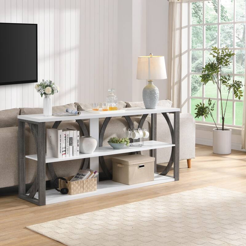 console table with open storage shelf