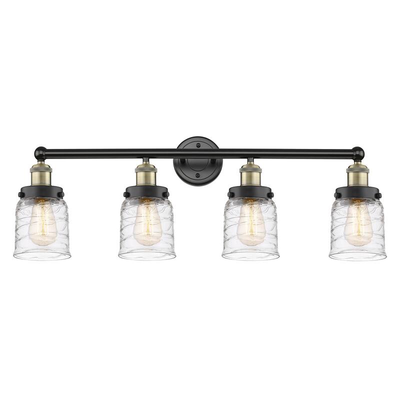 Innovations Lighting Small Bell - 4 Light 34" Bath Vanity Light - Black Antique Brass/Clear Deco Swirl