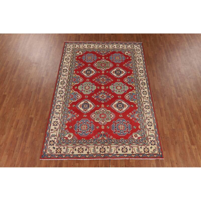 Geometric Red Kazak Area Rug Living Room Hand-Knotted Wool Carpet - 6'8" x 10'3"