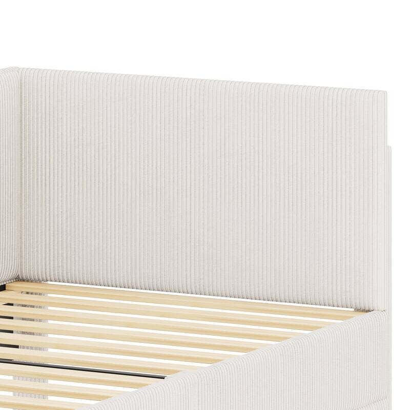L-Shaped Twin Daybed with Storage Drawers, Corduroy Upholstery, Beige