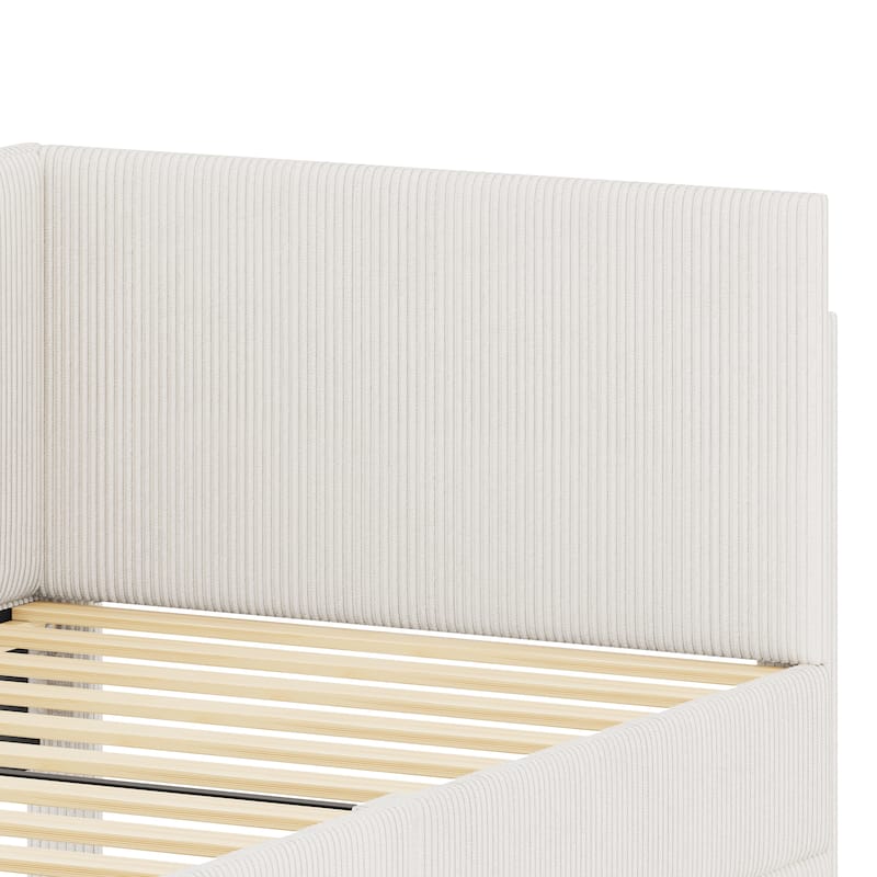 Vertical Lines Upholstered Platform Bed Frame with 2 Storage Drawers, L-Shaped Corduroy Daybed Sofabed