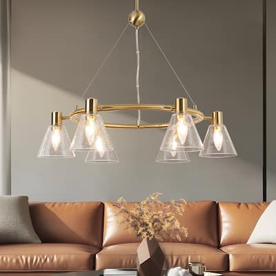 Veyra Modern 6-Light Gold Wagon Wheel Chandelier with Seeded Glass Shades - Brushed Electroplated Copper - Dia.27"xH21"
