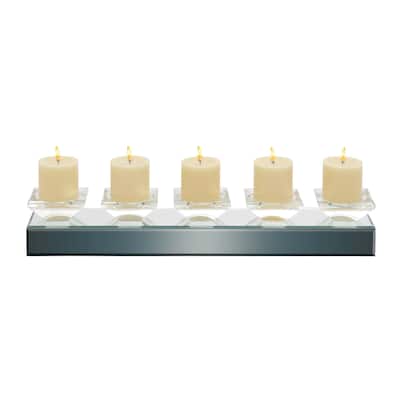 Glass Handmade Pillar 5 Plate Candelabra with Mirrored Sides - Silver - Roche River Decor - 4"W x 24"L x 4"H