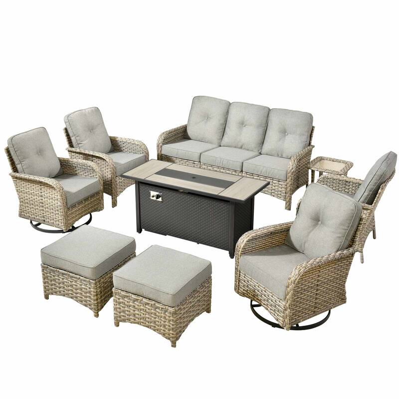 HOOOWOOO 9-piece Outdoor Wicker Patio Furniture Swivel Rocking Chair Set with Fire Pit
