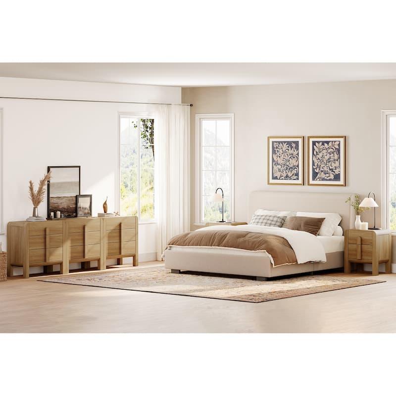 WAMPAT 5 Pcs Bedroom Set,9 Drawer Dresser And Nightstand Sets For Bedroom, Night Stand Set Of 2, 9 Drawer Dresser - Walnut