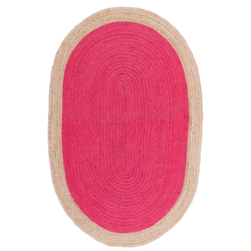 SAFAVIEH Handmade Natural Fiber Jolette Bordered Round Jute Rug - 8' x 10' Oval - Fuchsia/Natural