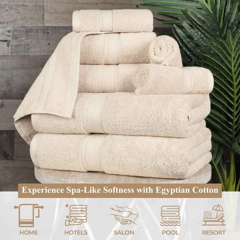 Superior Egyptian Cotton 8 Piece Towel Set Ultra Plush & Absorbent Bath, Hand & Face Towels, Heavyweight Spa Quality