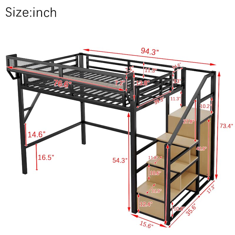 Metal Loft Bed with Stairs and Storage Shelves