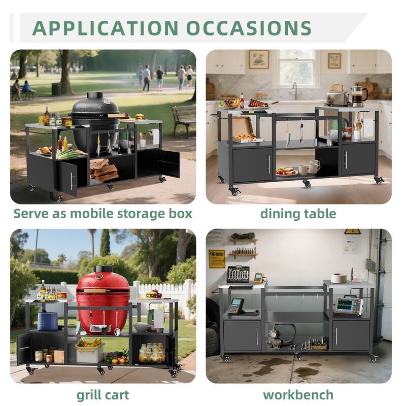 Outdoor BBQ Grill Cart with Storage Box for Kamado Style Grills - 67.1” x 27.7” x 30.5”