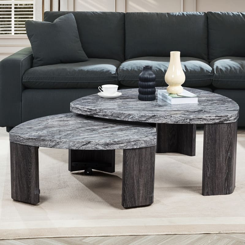 Best Master Furniture Aldora Modern Marble Nesting Coffee Table Set with Greige Wood Base and Rolling Trundle