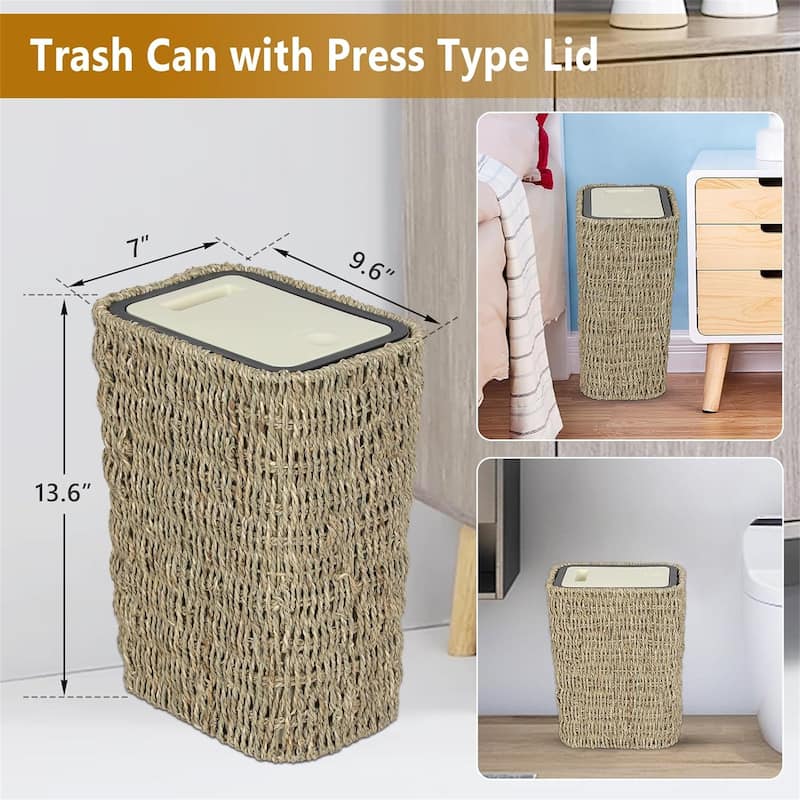 2.6Gallon Small Rattan Trash Can with Press Top Lid