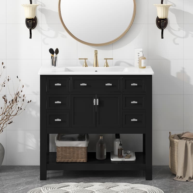 Bathroom Vanity with Top Sink, Bathroom Storage Cabinet with 2 Soft Closing Doors, Bathroom Vanities with 6 Drawers