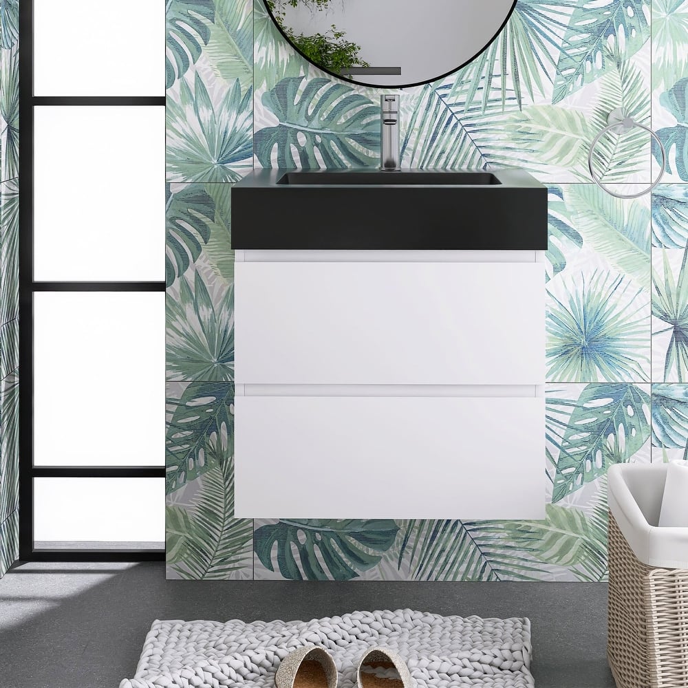 24"/30"/36" Wall-Mounted Bathroom Vanity Set with Black Integrated Quartz Sand Sink