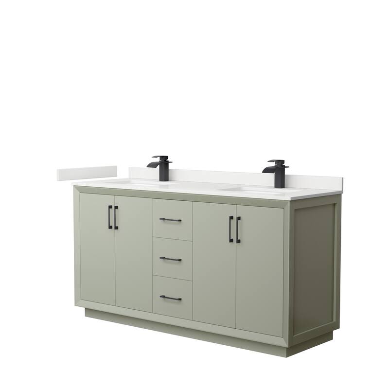 Strada 66-inch Double Vanity, Quartz Top - Light Green, Black Trim, White Quartz Top
