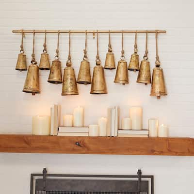 Gray or Bronze Metal Tibetan Inspired Decorative Cow Bell with Jute Hanging Rope and Rod
