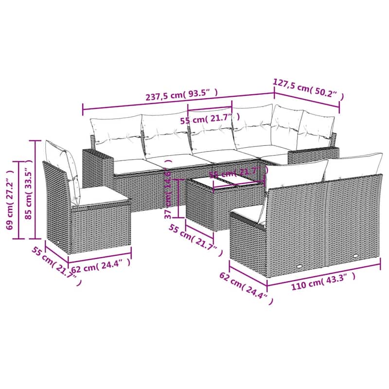 vidaXL Garden Sofa Set 9 Piece with Cushions Outdoor Sofa Set Poly Rattan