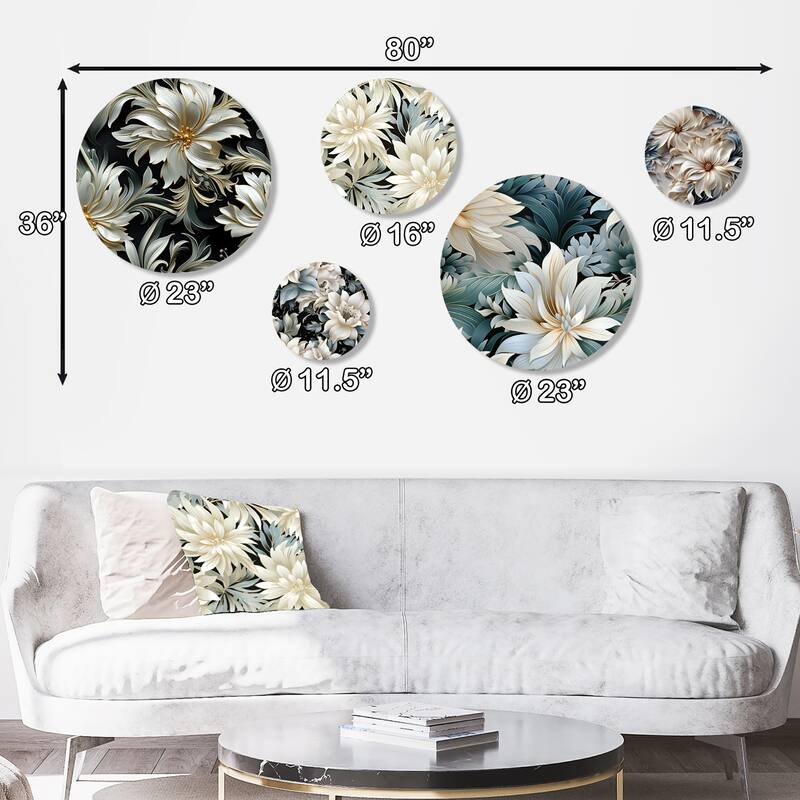 Designart "Exotic Grey And Black Flowers Pattern" Floral Wall Art Set of 5 - Cottage White Metal Art Print Set