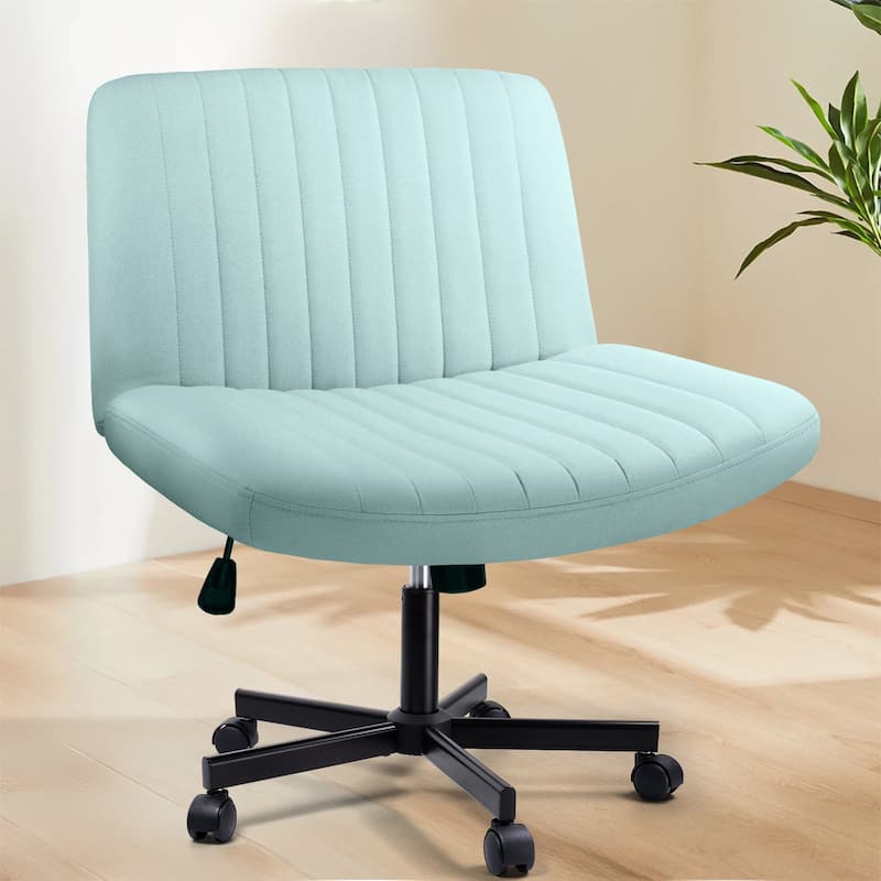 Bossin Criss Cross Chair Armless Office Desk Chair with Wheels,Fabric Padded Cross Legged Chair, Swivel Wide Seat Vanity Chair - Green