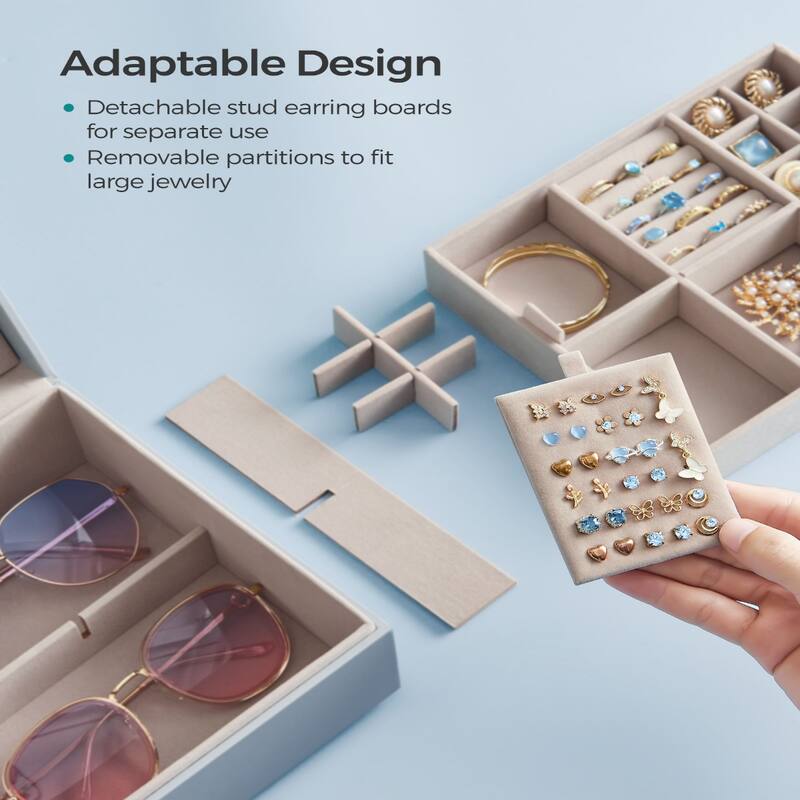 2-Layer Jewelry Organizer Box with Gold Metal Handle Perfect Gift for Birthdays or Anniversaries - 8.1"D x 9.4"W x 4.3"H
