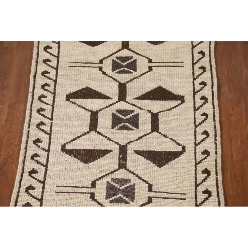 Natural Dye Beige Tribal Anatolian Runner Rug Handmade Wool Carpet - 3'6"x 11'4"