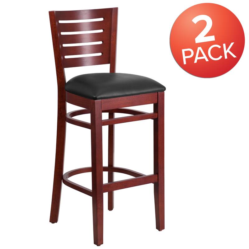 2 Pk. Darby Series Slat Back Wooden Restaurant Barstool - 16.75"W x 18"D x 43.5"H - 16.75"W x 18"D x 43.5"H - Black Vinyl Seat/ Mahogany Wood Frame
