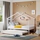 preview thumbnail 1 of 10, Twin Size Wooden House-Shaped Bed with Pull-Out Trundle, Sturdy Pine Wood Construction, Creative Sky Roof Design White