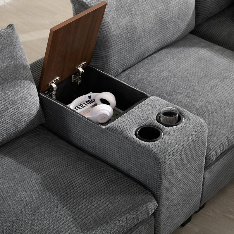 140" Corduroy U-Shaped Modular Sectional Sofa with Storage & USB