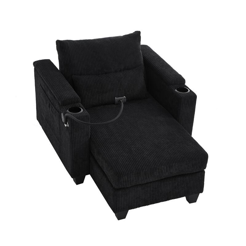 Convertible Chaise Lounge Sofa Chair with USB Ports, Storage 37.4" Corduroy Sleeper Sofa Bed with Adjustable Backrest