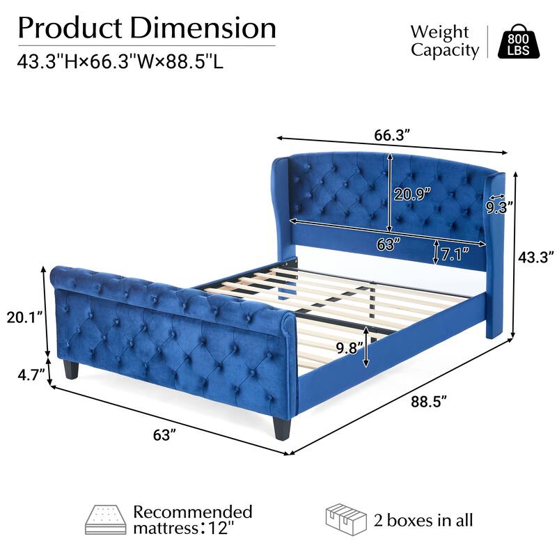 Christopher Knight Home - Amara Traditional Velvet Upholstered Sleigh Bed with Wingback Headboard & Scroll Footboard, Queen Size