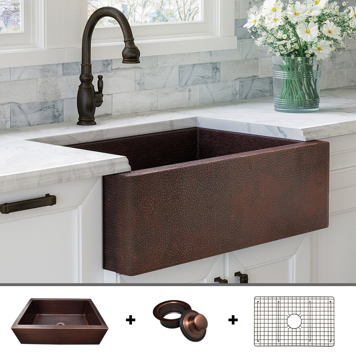 Heavy 12-GAUGE Luxury 33 inch Dark Copper (52 POUNDS) Farmhouse Sink, Flat  Front, includes Grid and Flange, by Fossil Blu